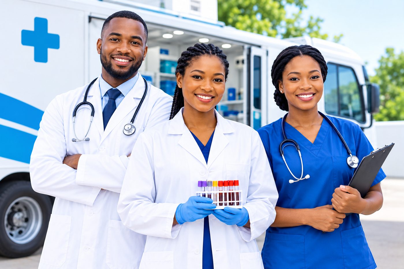 A smiling doctor, lab scientist and nurse standing in front of a mobile clinic